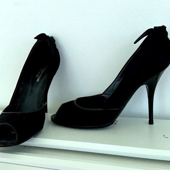 Sergio Rossi Black Satin Peep Toe Pumps Knot Bow High Stiletto Heel EU 39.5 US 9 - Picture 7 of 9